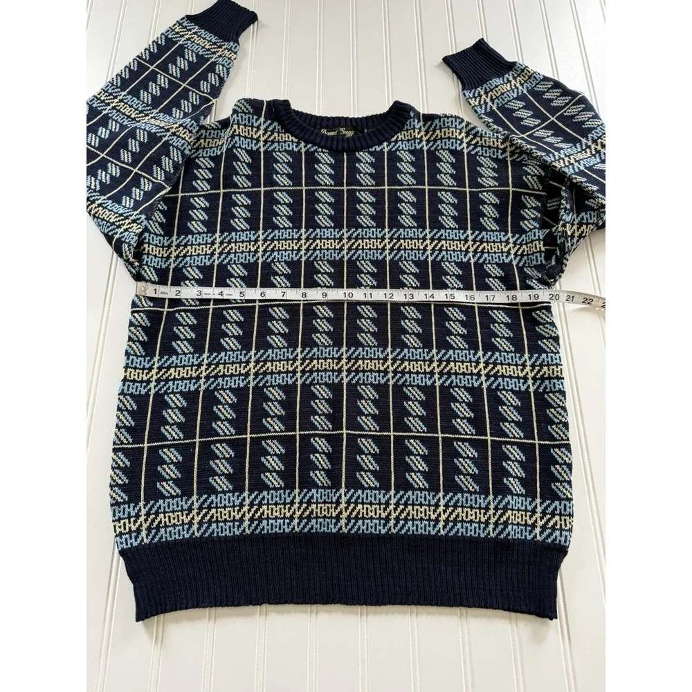 Vintage 80s 90s Grandpa Sweater‎ Mens M David Gregg Blue Geometric Pullover